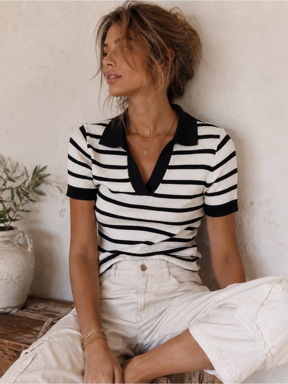 Ivicoer Black White Striped Ribbed Knit Polo Top XL French Girl Coastal Preppy